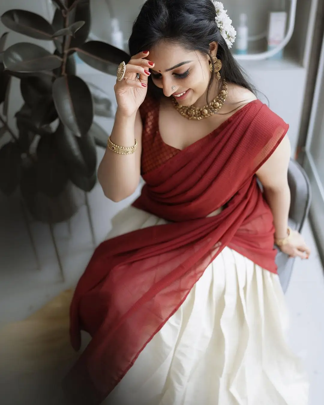 Malavika Menon In South Indian Traditional Red Half Saree Voni Blouse